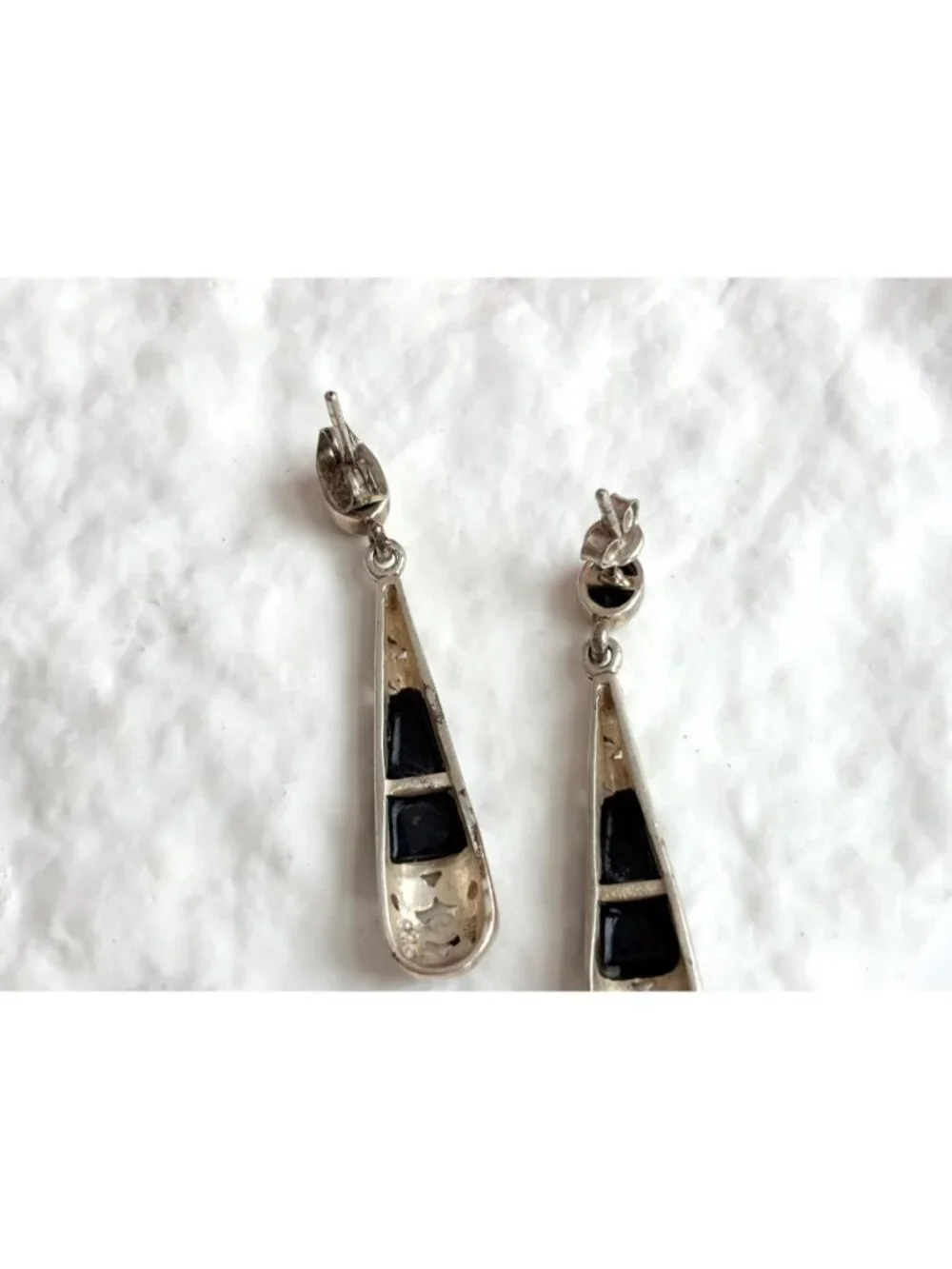 Art Deco Black Onyx & marcasite Teardrop Vintage Sterling Silver 925 Earrings